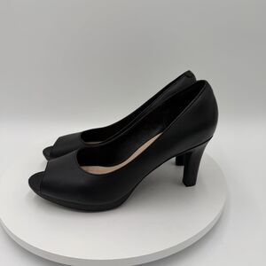 Clarks Womens Adriel Phyliss Black Leather Peep Toe Heels Size 8 M